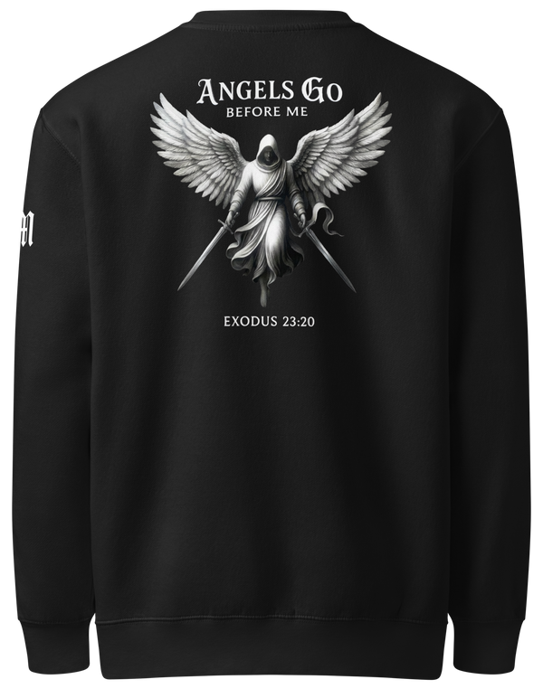Angels Go Before Me Premium Sweatshirt — black — Back