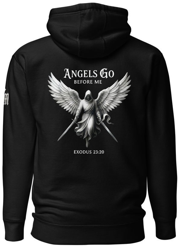 Angels Go Before Me Premium Pullover Hoodie — black — Back