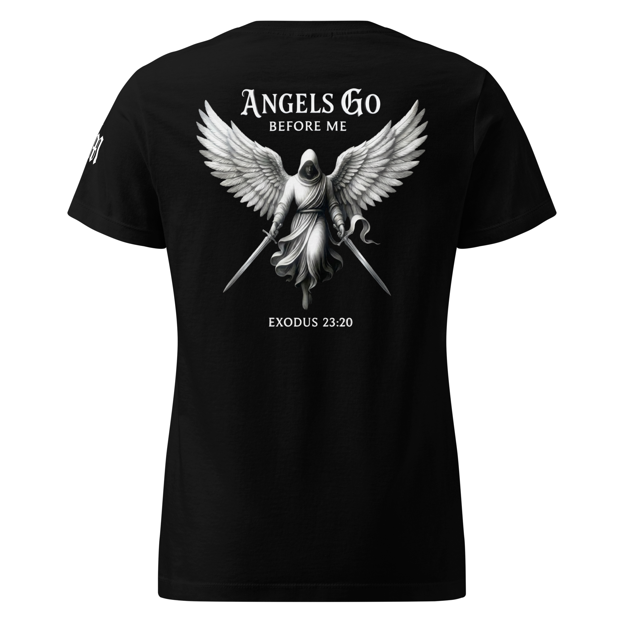 Angels Go Before Me Premium Women's Tee — Black — Back