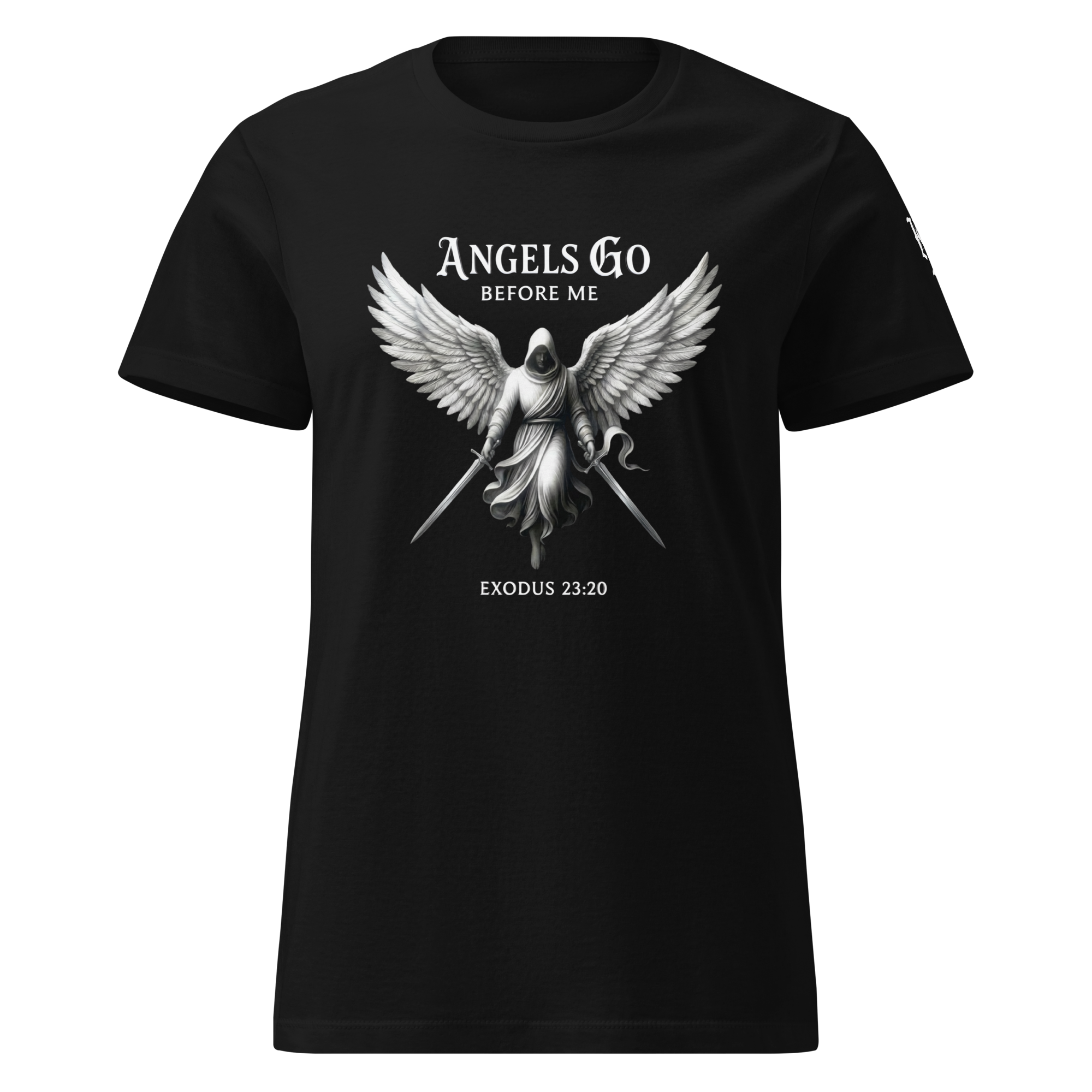 Angels Go Before Me Women's Tee — Black — Front
