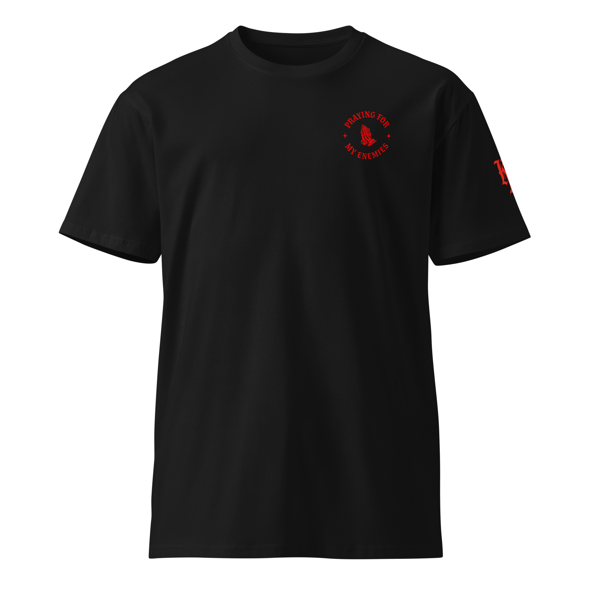 Praying for My Enemies Premium Tee — Black — Front