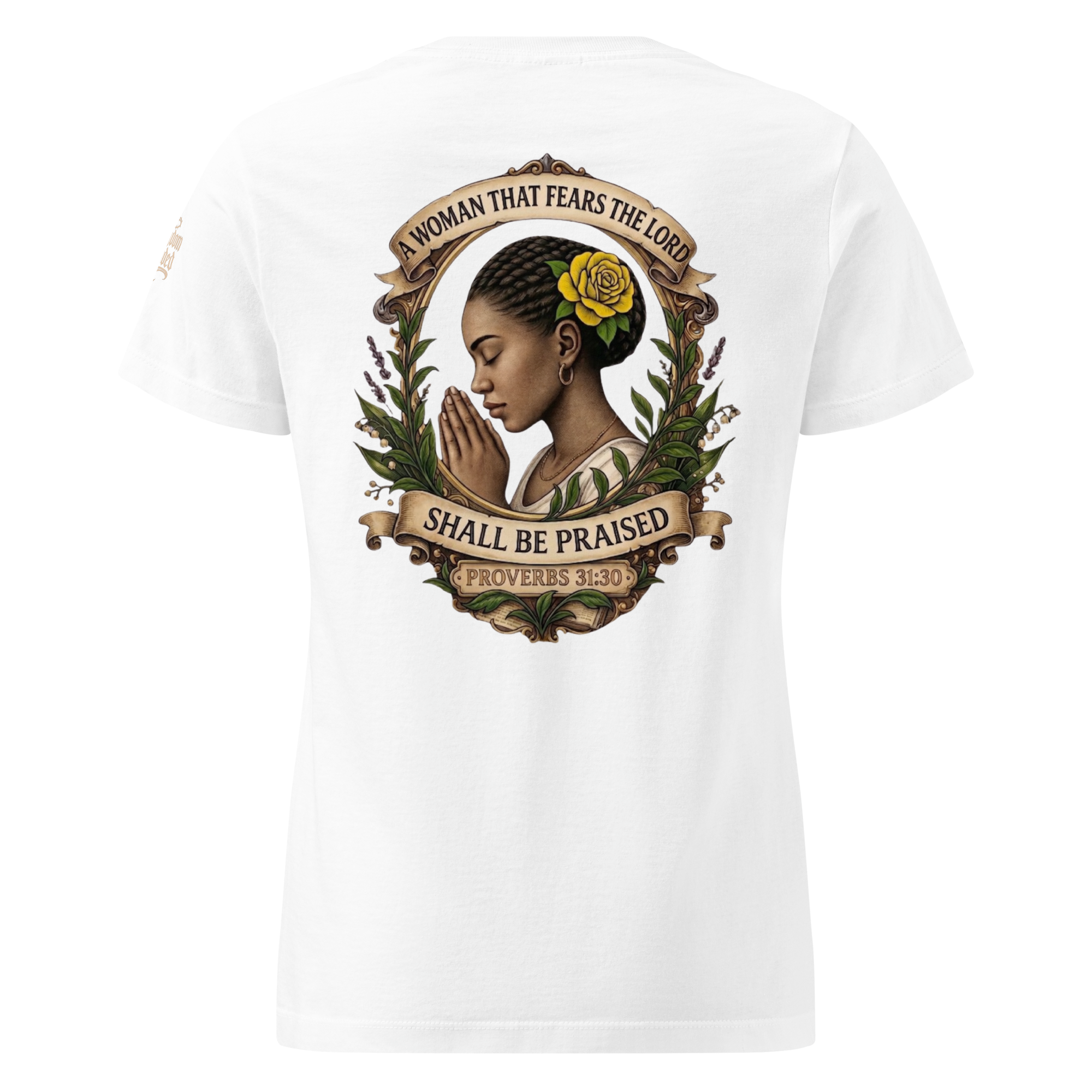Shall Be Praised Premium Women's Tee — White — Back