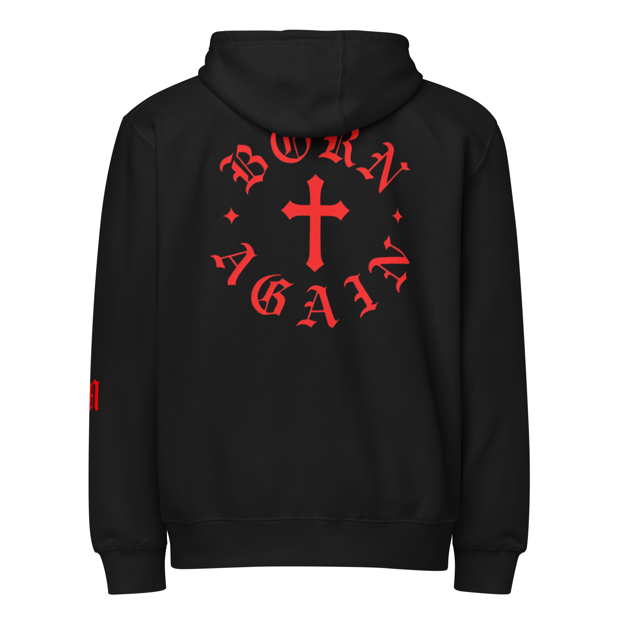 Born Again Premium Design Zip Hoodie — Black — Back