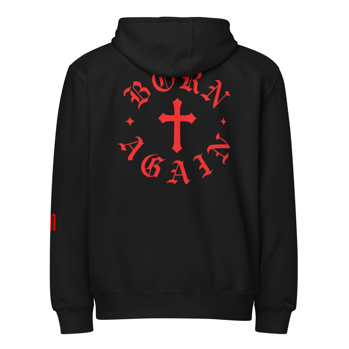 Born Again Premium Design Zip Hoodie — Black — Back