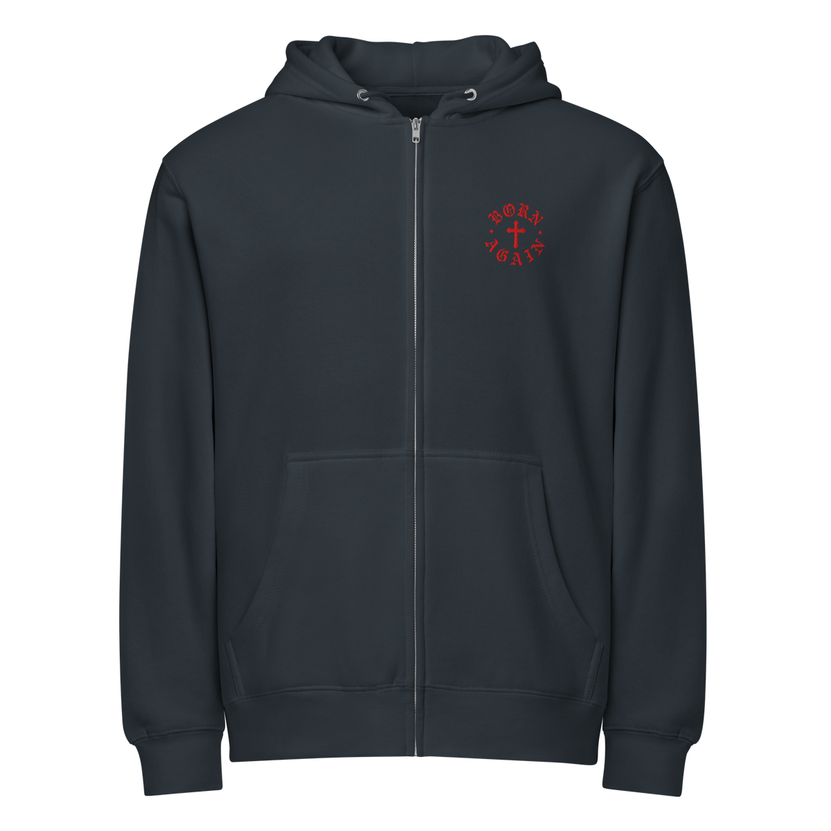Born Again Premium Design Zip Hoodie — Navy — Front