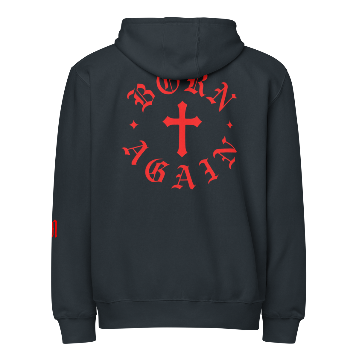 Born Again Premium Design Zip Hoodie — Navy — Back