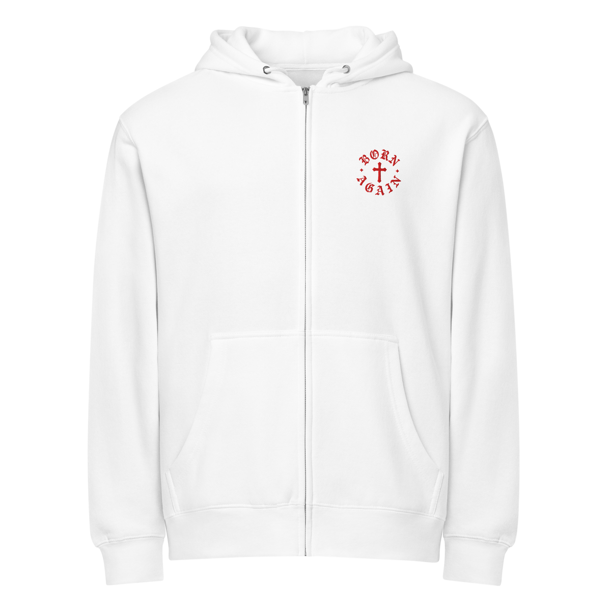Born Again Premium Design Zip Hoodie — White — Front